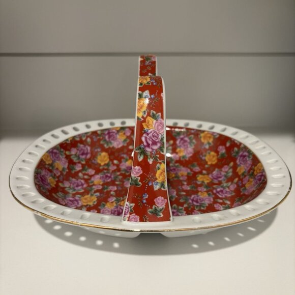 Jay & Sons Other - Vintage Chintz Pattern Floral Rose Ceramic Pottery Handle Divided Trinket Dish